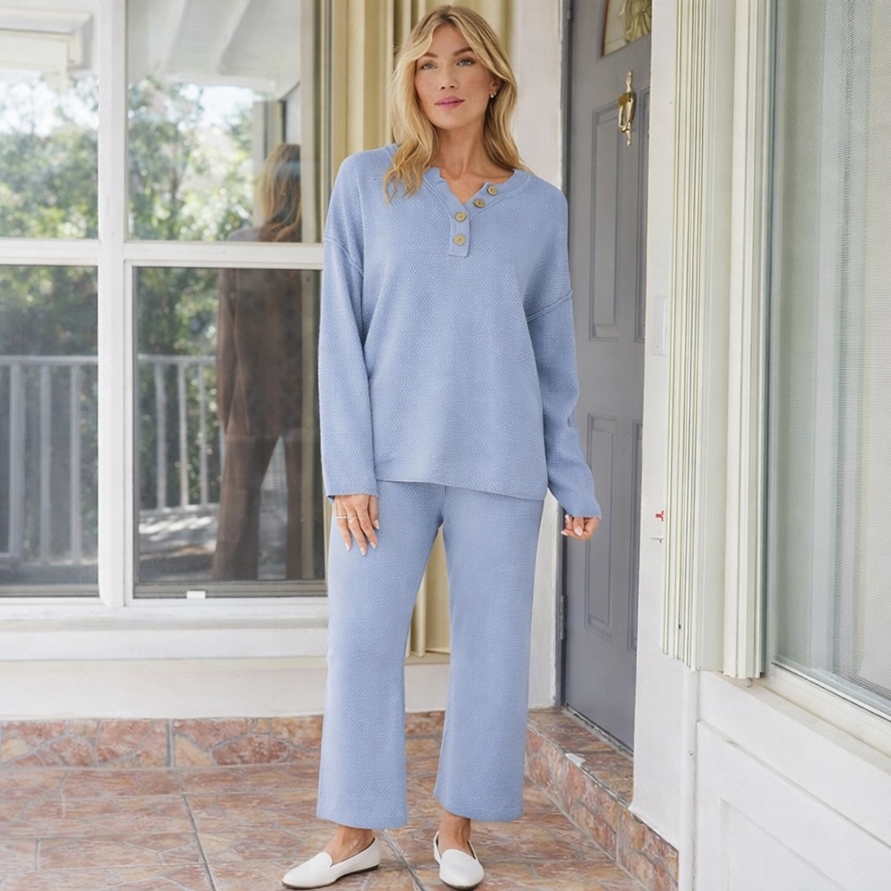 Soft Waffle Knit Pajama Set - Light Blue - Picture 2 of 16